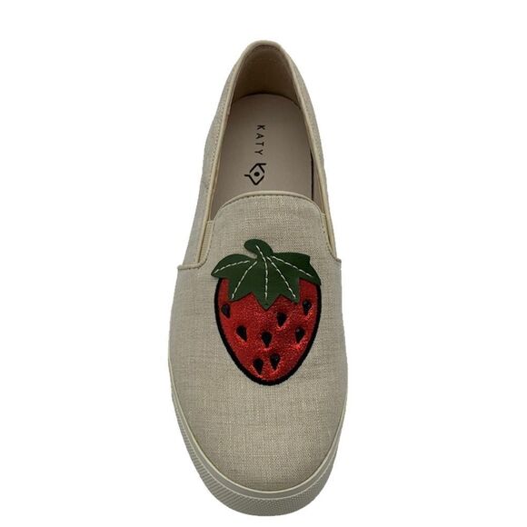 Katy Perry The Kerry Strawberry novelty canvas slip on sneakers tan NWOT msrp 89 - Picture 1 of 9